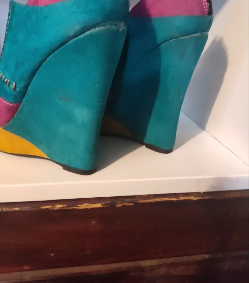 Colorblock faux Suede Wedge Peep Toe Heels in Teal, Magenta & Mustard